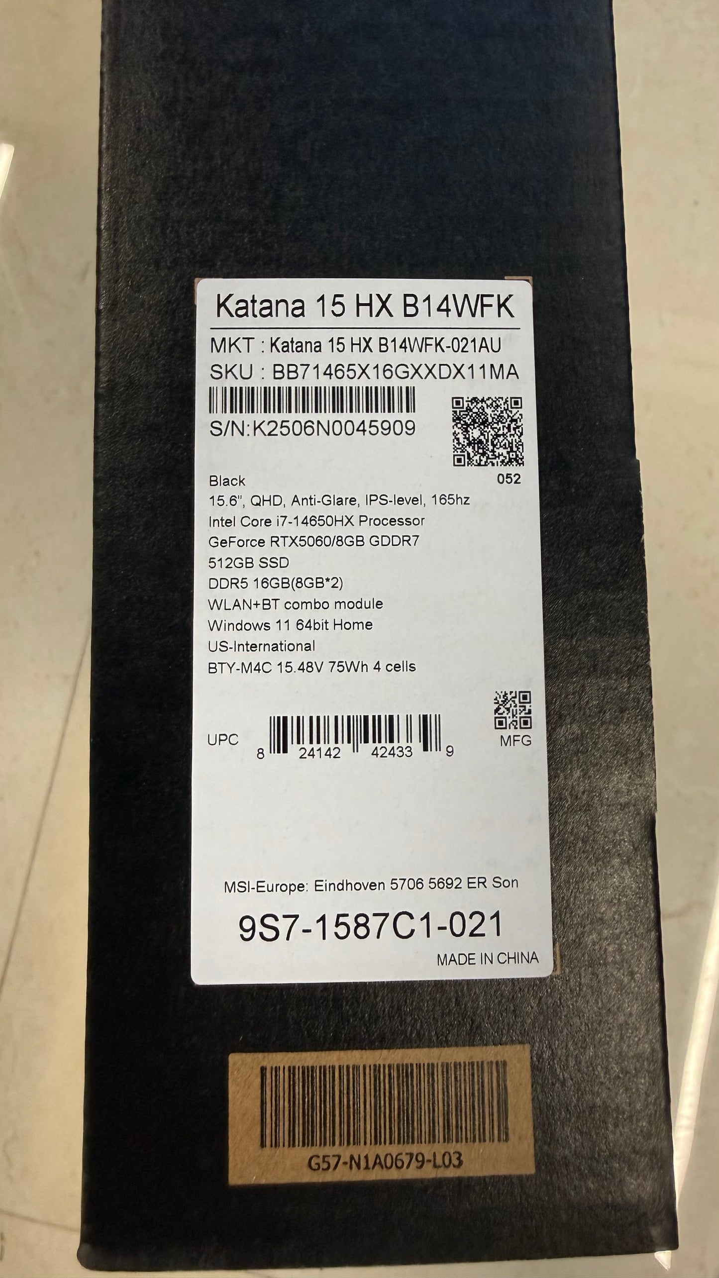 MSI Katana 15 HX B14WFK-021AU | Intel Core i7-14650HX | RAM 16GB | SSD 512GB | NVIDIA RTX 5060 8GB | 15.6 Inch QHD IPS 165Hz | Black
