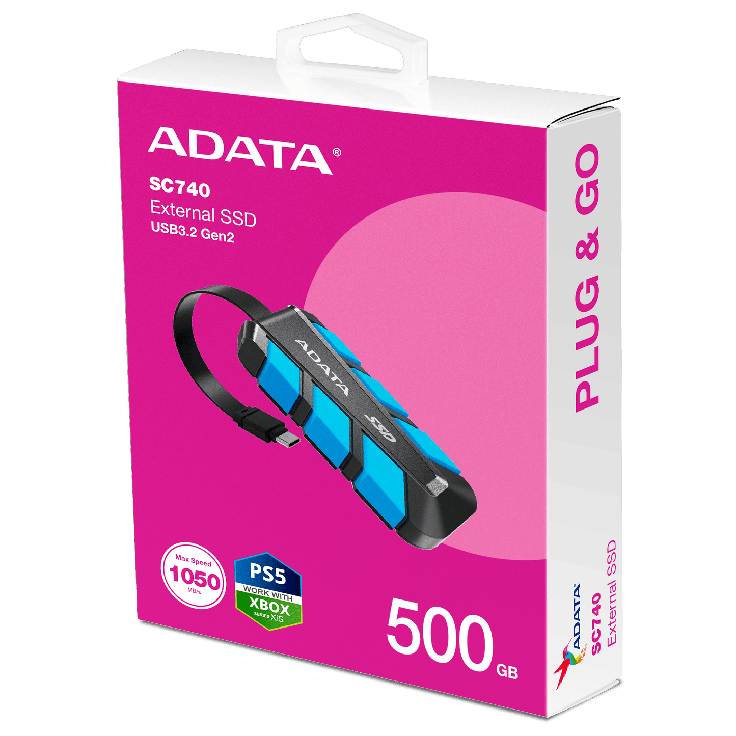 ADATA SC740 External SSD USB 3.2 Gen2 1050MB/s Read 1000MB/s Write Built-In USB-C Cable MIL-STD Drop | 500GB