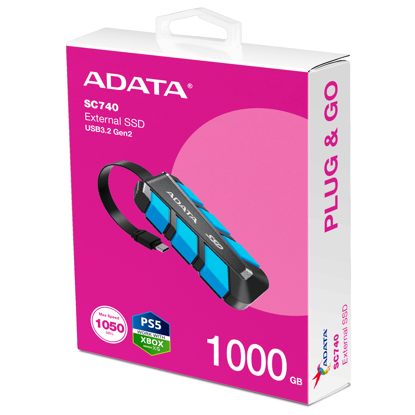 ADATA SC740 External SSD USB 3.2 Gen2 1050MB/s Read 1000MB/s Write Built-In USB-C Cable MIL-STD Drop | 1TB