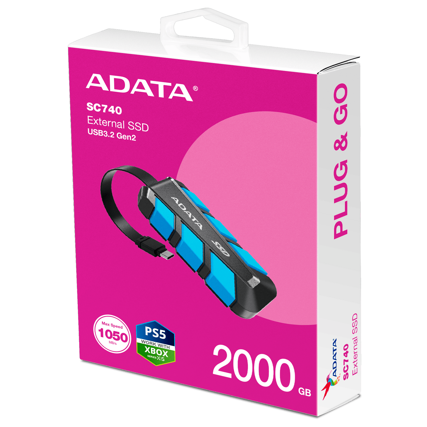 ADATA SC740 External SSD USB 3.2 Gen2 1050MB/s Read 1000MB/s Write Built-In USB-C Cable MIL-STD Drop | 2TB