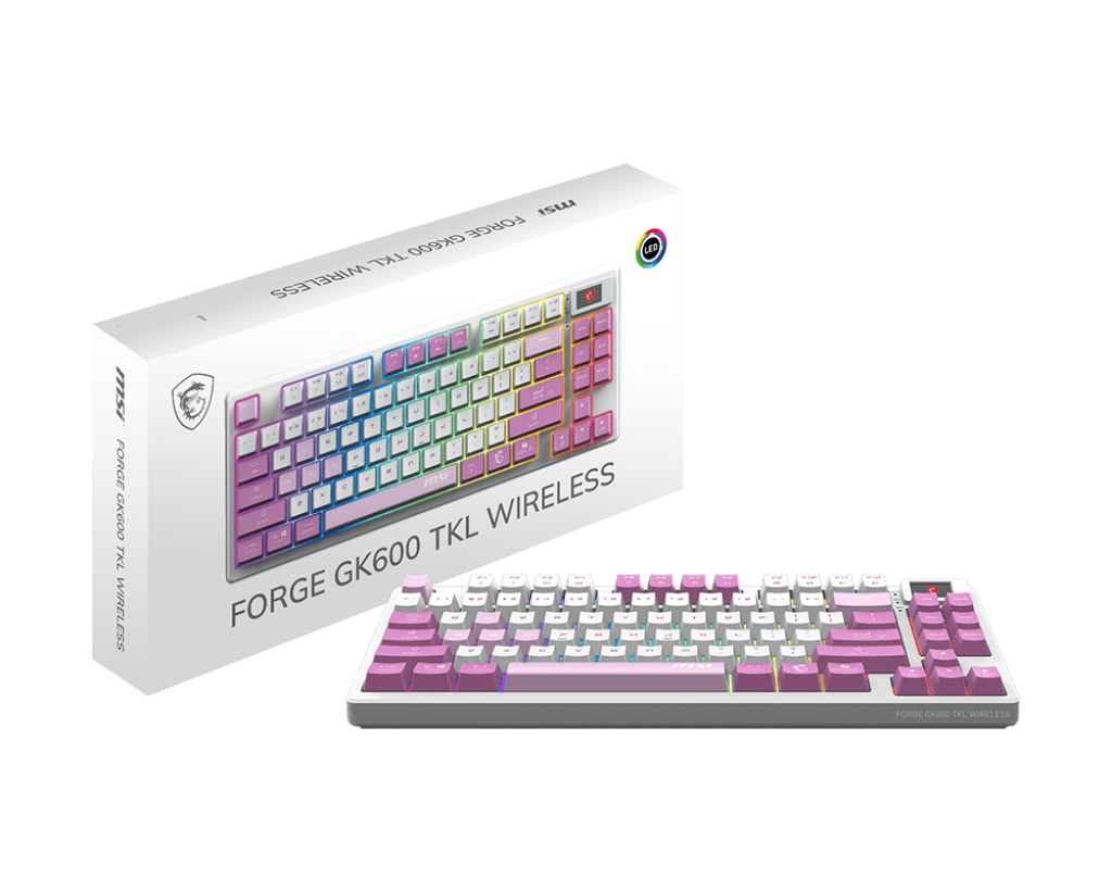 MSI FORGE GK600 TKL Wireless Violet Mechanical Gaming Keyboard | Tri-Mode (2.4 GHz / Bluetooth / USB) | Hot-Swappable Linear Switches | 20-Mode RGB | PBT Keycaps | Full Anti-Ghosting | Tenkeyless Design/English