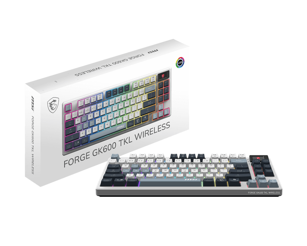 MSI FORGE GK600 TKL Wireless SKY Mechanical Gaming Keyboard | Tri-Mode Connectivity (2.4G / Bluetooth / USB) | Hot-Swappable Linear Switches | RGB Backlighting | PBT Keycaps | Tenkeyless Design | Rechargeable Battery/English