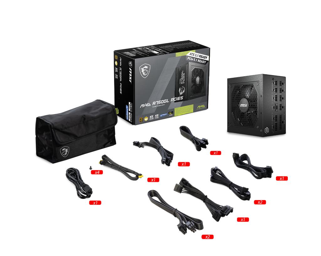 MSI MAG A750GL PCIE5 | ATX 3.1 / PCIe-5 750 W Full-Modular 80 PLUS Gold PSU | 450 W 16-Pin GPU Cable