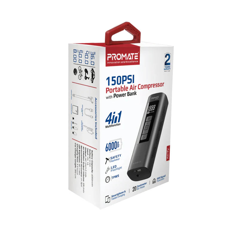 Promate Aerify 150 PSI Portable Air Compressor & Power Bank | 6 | 000 mAh Battery | 25 L/min Airflow | LED Light