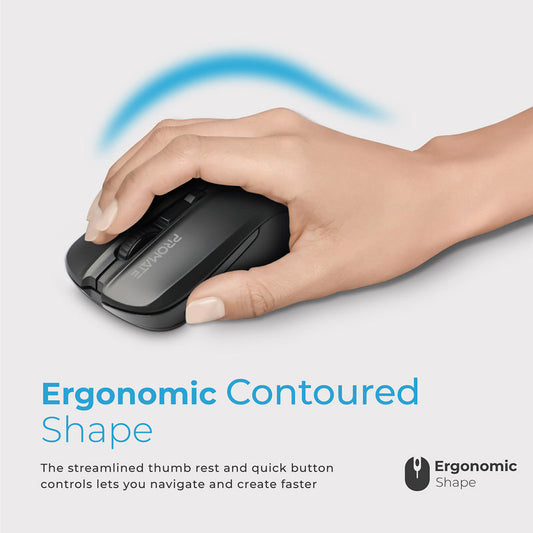 Promate Contour Ergonomic Wireless Mouse | 1600 DPI | 2.4GHz Connectivity | 7 | 10m Range | 1 x AA Battery