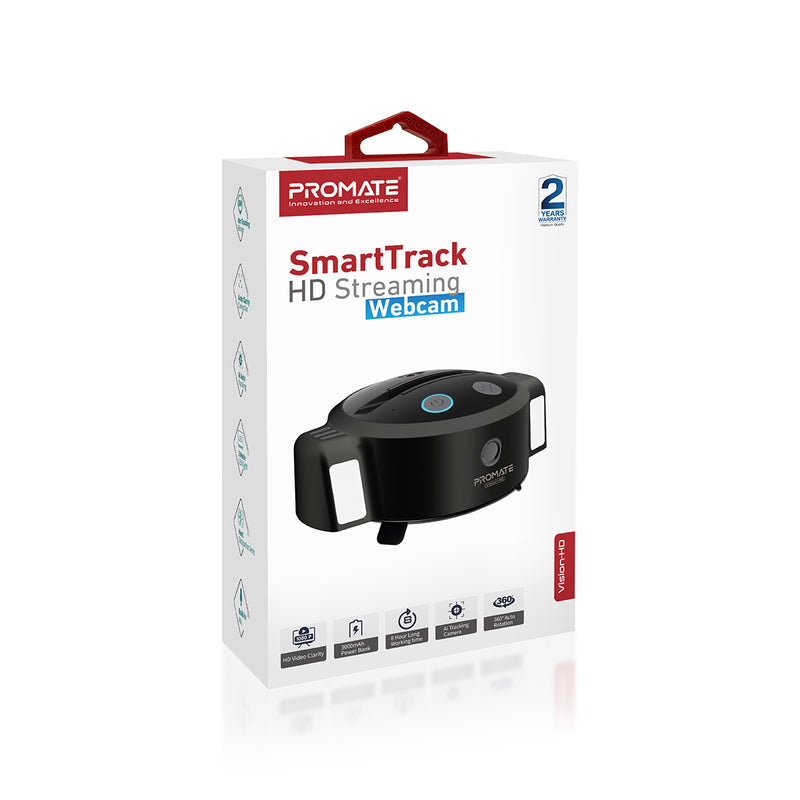 Promate Ai SmartTrack HD Handsfree Streaming Webcam • 360° Auto Rotation • 3 Mode LED Light • 8 Hour Working time • 5000mAh Power Bank • No App Required