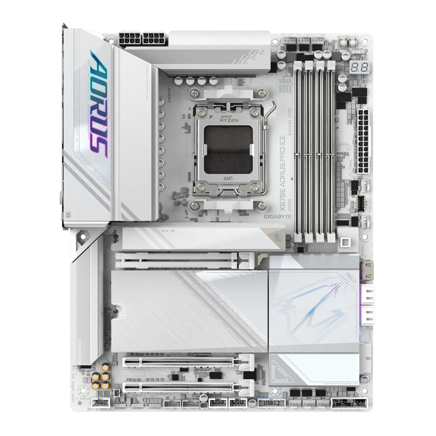 GIGABYTE X870E AORUS PRO ICE ATX Motherboard | AM5 Socket | DDR5 8000 MT/s OC | PCIe 5.0 | Quad M.2 | Dual USB4 | Wi‑Fi 7 | 2.5GbE LAN | White Edition
