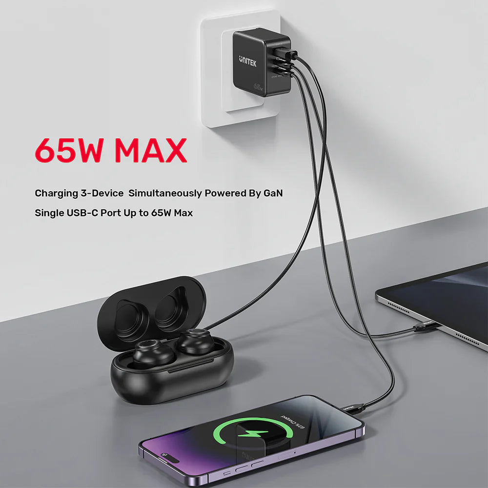 Unitek 65W GaN Travel Charger | Dual USB-C PD & USB-A QC 3.0 Ports | Compact Design | EU & UK Plug Adapters | Model P1117B