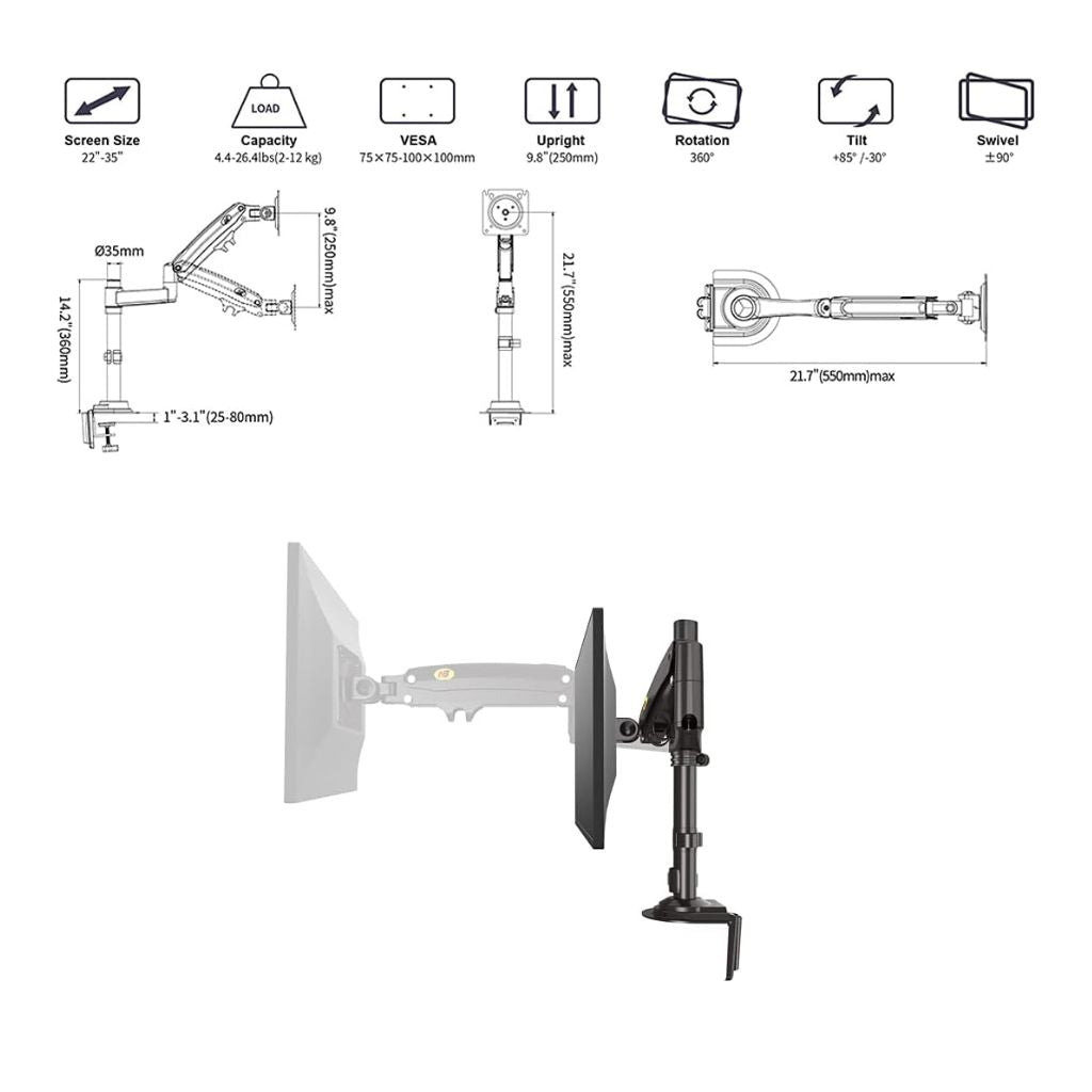 NB H100 Single Monitor Desk Mount Up to 32"