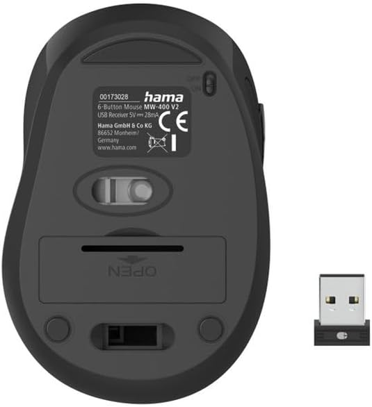 Hama MW-400 V2 Optical 6-Button Wireless Mouse | Ergonomic Right-Hand | 2.4 GHz Nano Receiver | 800-1600 DPI | Up to 36-Day Battery
