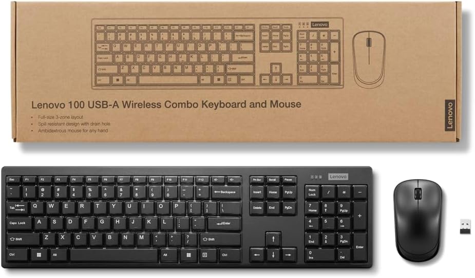 Lenovo 100 USB-A Wireless Combo | Slim Keyboard & Compact Mouse | 1600 DPI | Spill-Resistant | 10-Million Key Presses