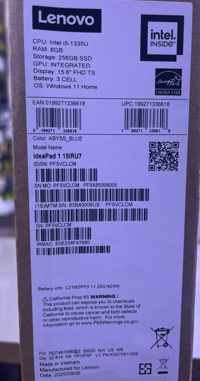 Lenovo Ideapad 1 15IRU7 | (06US) | Intel Core i5-1335U | RAM 8GB | SSD 256GB | Intel Iris Xe Graphics | 15.6 FHD Touch Screen | Abyss Blue