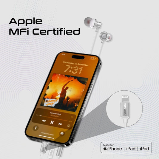 Promate Earphones with Lightning Connector | In-Ear MFi Certified Earphones with Microphone | Noise Isolation | Call Function | In-Line Volume Control Compatible for iPhone | iPad
