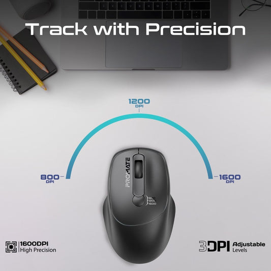 Promate UniGlide EZGrip Ergonomic Wireless Mouse | 800/1200/1600 DPI | 2.4GHz Connectivity | 7 | 10m Range | Ambidextrous Design