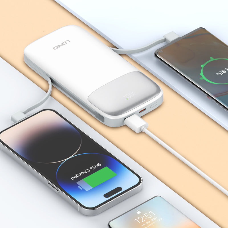 LDNIO PQ20 20000mAh Portable Power Bank | 22.5W Fast Charging | Built-In USB-C & Lightning Cables | LED Battery Display | Multi-Device Safe Charging