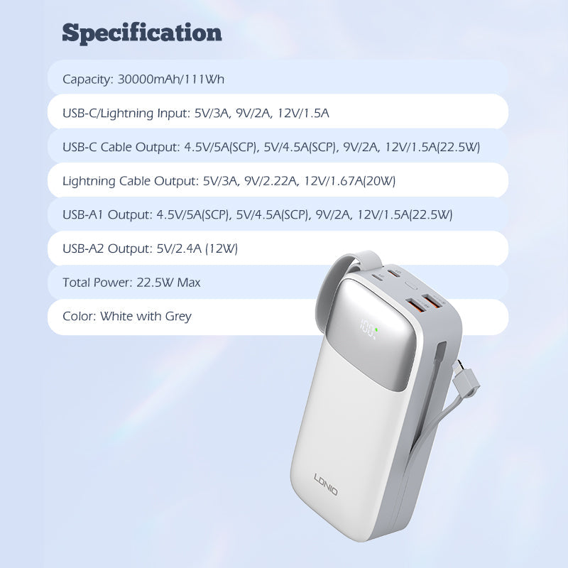 LDNIO PQ30 30000mAh Power Bank | Fast Charging 22.5W | Built-In USB-C & Lightning Cables | LED Battery Display | Multi-Device Portable Charger