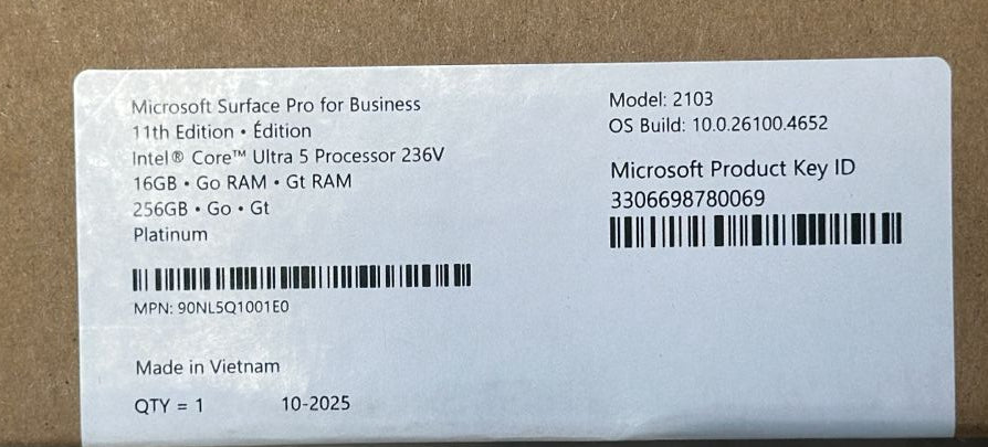 Microsoft Surface Pro 11 EP2-20104 | Intel Ultra 5-236V | RAM 16GB | SSD 256GB | Intel Graphics | 13.0 Inch (2880 x 1920) | Platinum