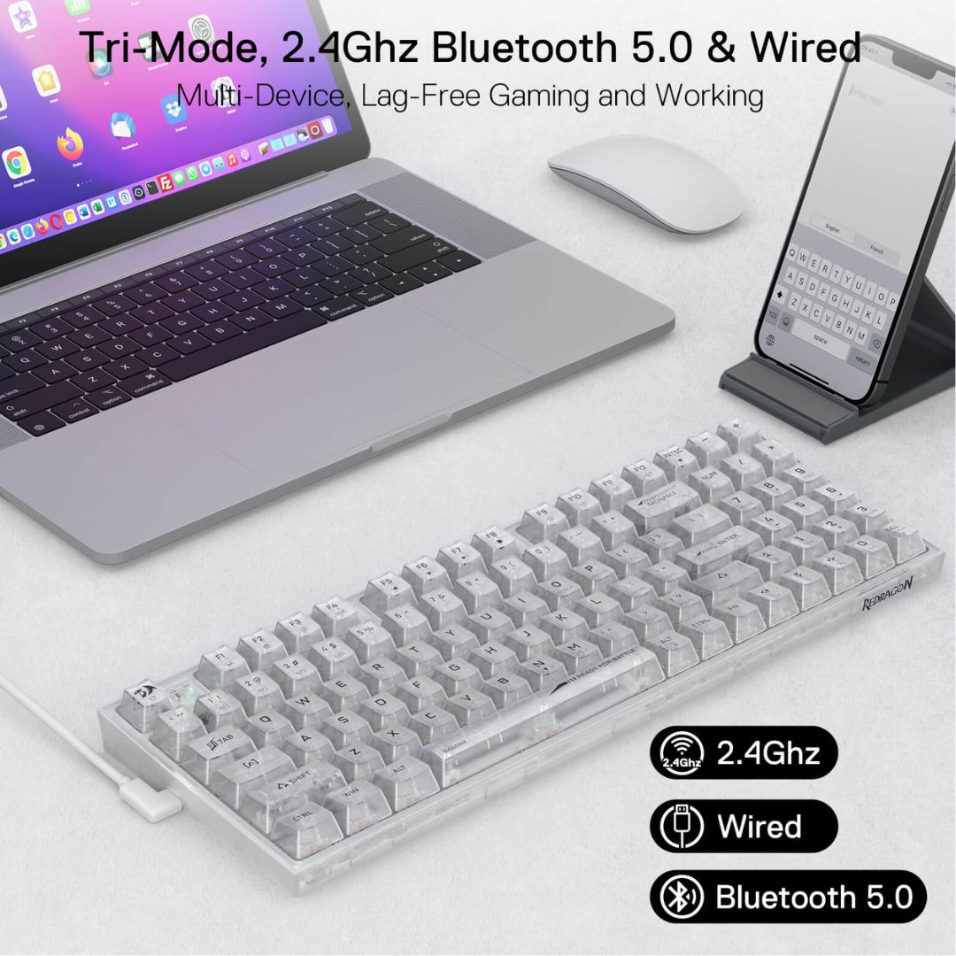 Redragon IRELIA K658CT PRO RGB 90% | USB-C wired | BT | 2.4 GHz wireless Translucent Crystal Switch