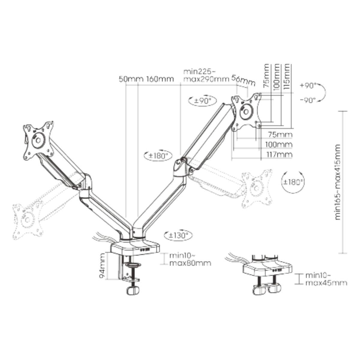 Avetron MA102 Dual Monitor Arm | Spring-Assisted | 17"-32" | Clamp & Grommet
