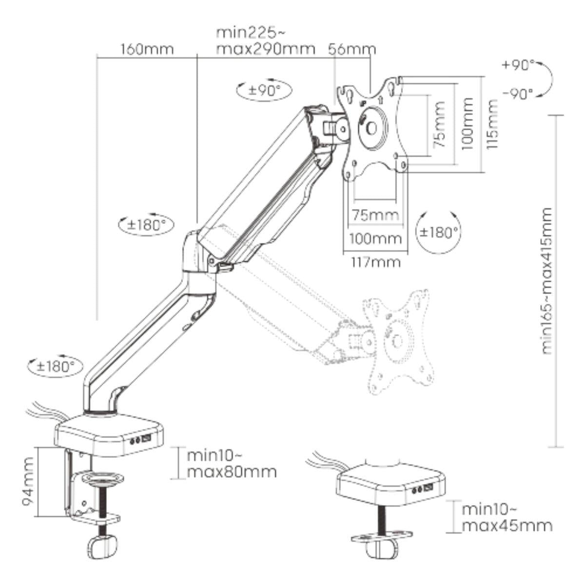 Avetron MA101 Monitor Arm | Spring-Assisted | 17″ | 32″ | USB & Audio Ports | Clamp & Grommet