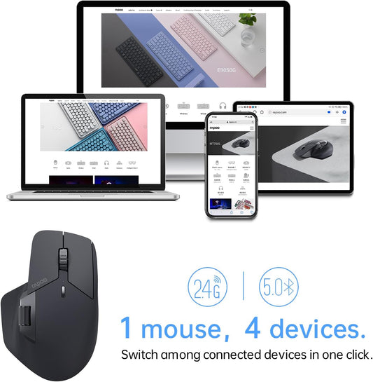 Rapoo MT760 Multi-Device Wireless Mouse | Bluetooth 5.0 and 2.4G Multi-Mode Connection | Up to 4 Devices | 11 Programmable Buttons | 4K DPI | 90 Days Battery Life | PC | Matte Black