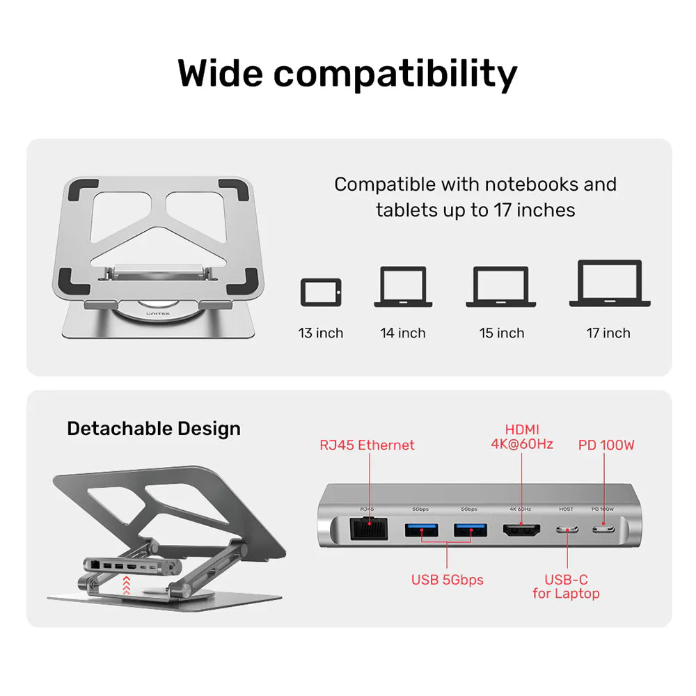 UNITEK laptop USB-C docking station combines the functions of the laptop dock and laptop stand