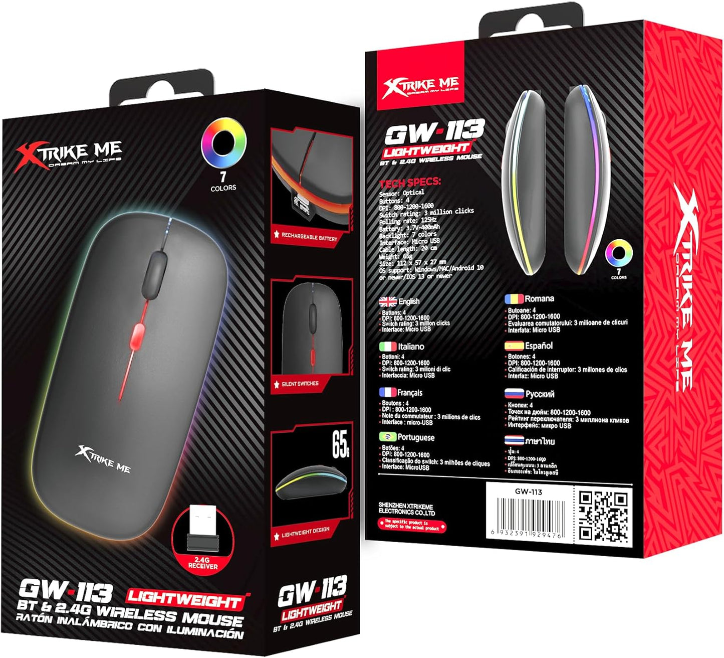 Xtrike Me GW-113 Wireless Dual Modes Mouse | Ergonomic Design | Adjustable DPI | Silent Clicks | Rechargeable Battery | Windows/Mac/Android Compatible | Lightweight | Black