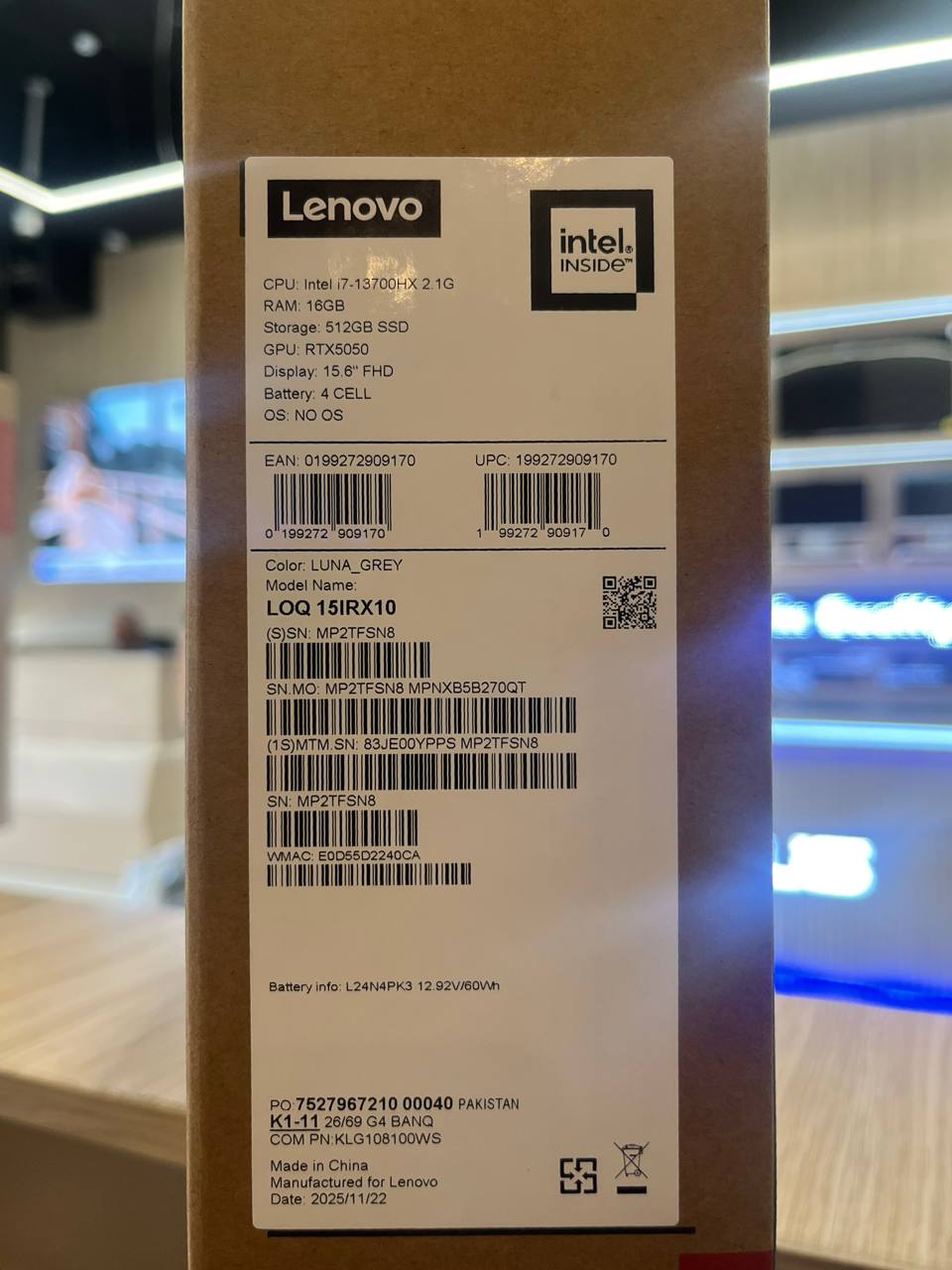Lenovo LOQ 15IRX10 | (YPPS) Intel Core i7-13700HX | RAM 16GB | SSD 512GB | RTX 5050 8GB | 15.6 Inch Inch FHD IPS 144Hz | Luna Grey