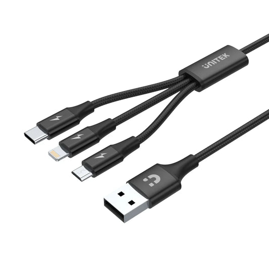 Unitek 3-in-1 USB-A to USB-C/Micro USB/Lightning Charging Cable | 1.2m | 2.4A Fast Charge | Nylon Braided | Tangle-Free | Compatible with iOS & Android Devices