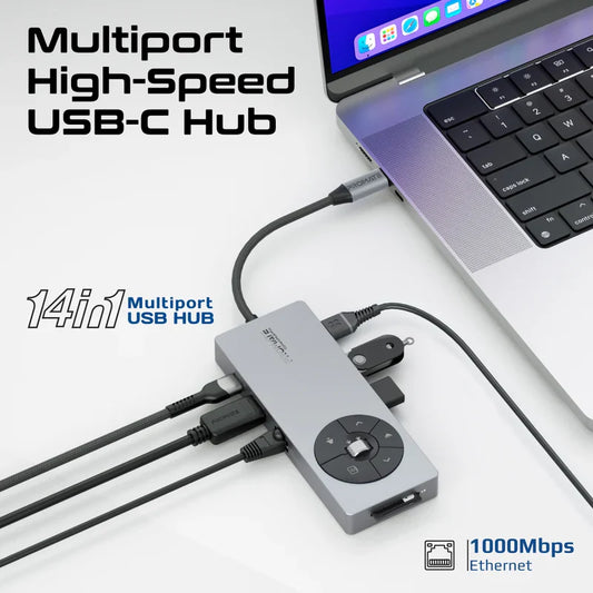 Promate ComandHub‑Pro 14‑in‑1 USB‑C Hub | 100 W PD Input | 4K@60 Hz HDMI | GbE | Dual 5 Gbps USB‑A/C | SD+TF Cards | Multimedia Control Dial