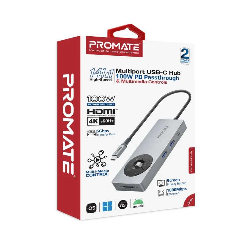 Promate ComandHub‑Pro 14‑in‑1 USB‑C Hub | 100 W PD Input | 4K@60 Hz HDMI | GbE | Dual 5 Gbps USB‑A/C | SD+TF Cards | Multimedia Control Dial