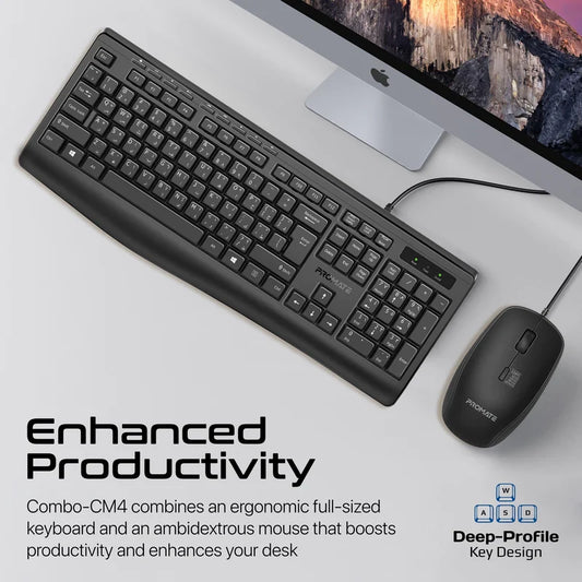 Promate Combo-CM4 ErgoComfort Wired Keyboard with Media Keys and 2400 DPI Mouse.EN/AR