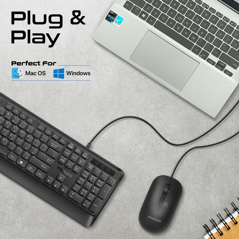 Promate combo-cm5 Ergonomic Wired Slim Keyboard with Palm Rest and 2400 DPI Mouse