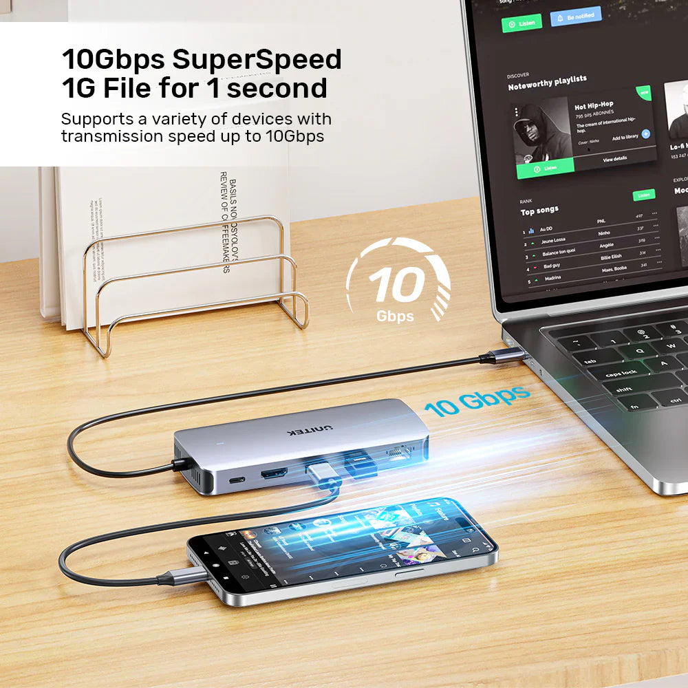 Unitek 6-in-1 USB-C Hub with M.2 SSD Enclosure | HDMI 4K@60Hz | 2x USB-A 10Gbps | USB-C PD 100W | Supports M.2 NVMe/SATA SSDs | Aluminum Alloy | Plug & Play