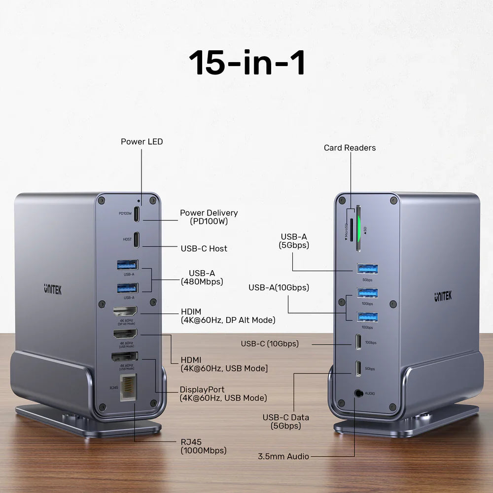 Unitek D1135A Universal DisplayLink Triple 4K Docking Station | 15-in-1 USB-C/USB-A Hub | 3x 4K@60Hz Displays | 100W PD | Gigabit Ethernet | SD/MicroSD | Audio Jack
