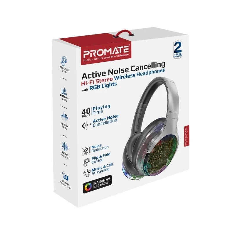 Promate WIRERLESS HEADPHONES RGB TRANSPARENT RAINBOW LED BACKLIT TRANSUNE Active Noise Cancelling | Hi-Fi STEREO | FLIP & FOLD