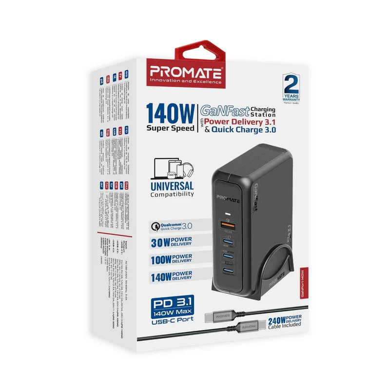 Promate 140W Super-Speed GaNFast Charging Station with Power Delivery 3.1 & Quick Charge 3.0