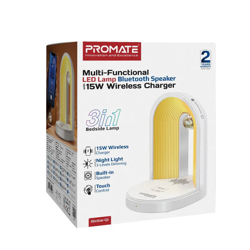 Promate Globe-QI | 3-in-1 LED Night-Lamp | Bluetooth Speaker & 15 W Wireless Charger