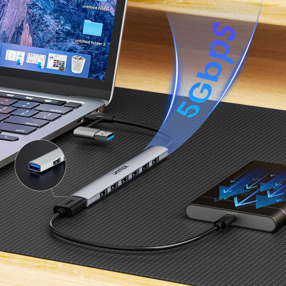 Unitek uHUB S7 7-in-1 USB Hub | 1x USB-A 5Gbps | 6x USB-A 480Mbps | USB-C Input with USB-A Adapter | Aluminum Alloy | Compact Design | Plug & Play