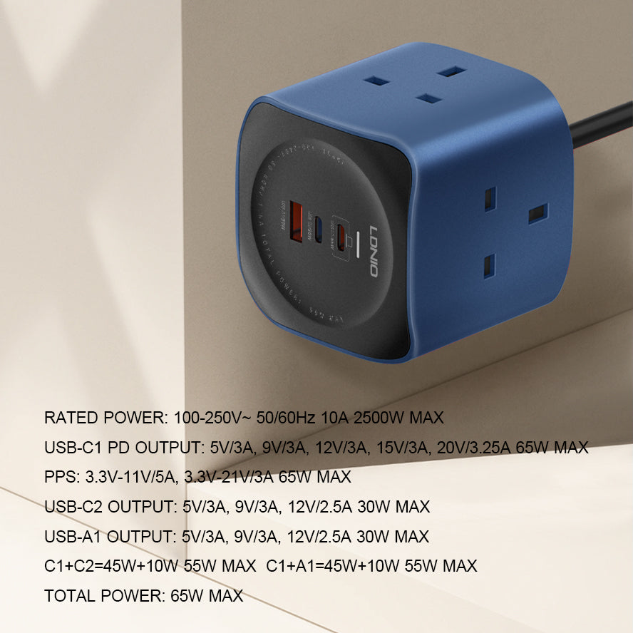 LDNIO SK3370 6-in-1 Power Socket Cube with 65W PD Fast Charging | 3 AC Outlets | USB-C & USB-A Ports | UK Plug Extension | Compact Power Strip for Home & Office