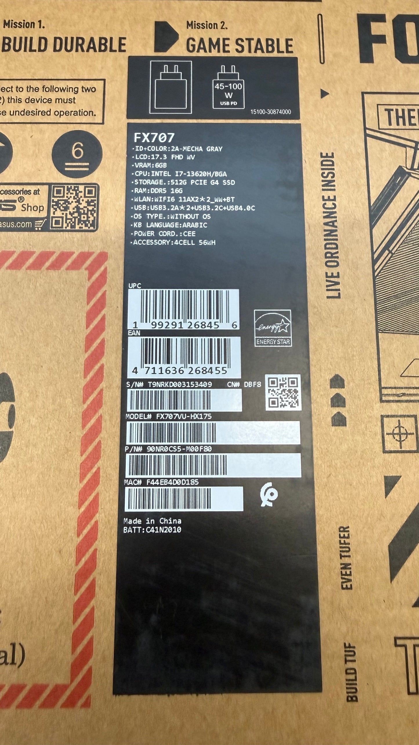 ASUS TUF Gaming F17 FX707VU-HX175 | Intel Core i7-13620H | RAM 16GB | 512GB SSD | RTX 4050 6GB | 17.3 Inch FHD IPS 144Hz | Mecha Gray