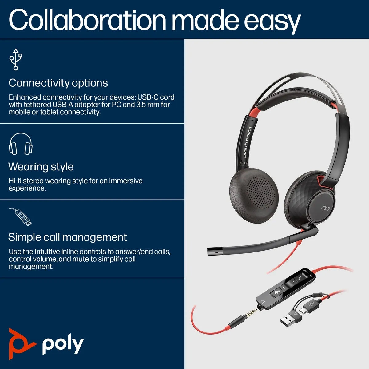 Poly Blackwire 5200 Series USB Wired Headset | Stereo or Mono | USB‑C/A + 3.5mm | Noise‑Cancelling Mic | Dynamic EQ | UC Certified