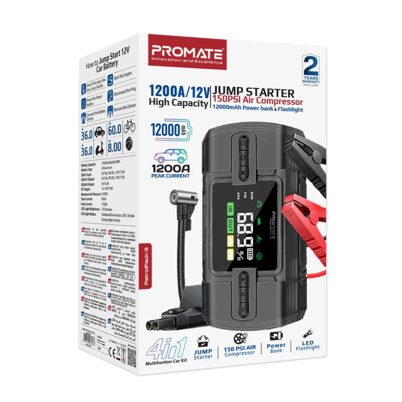 Promate PatrolPack-3 1200A/12V Jump Starter & 150PSI Air Compressor | 12000mAh Power Bank | QC 3.0 | DC Output | LED Flashlight | TPMS