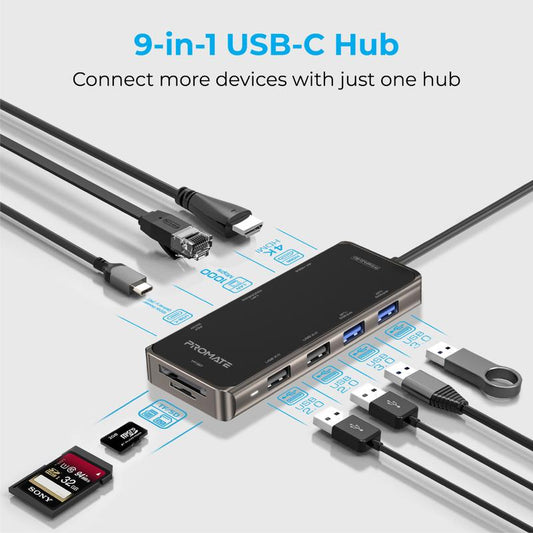 Promate PrimeHub-Go 9-in-1 USB-C Hub | 100W PD | 4K HDMI | Gigabit Ethernet | SD/TF | 4× USB