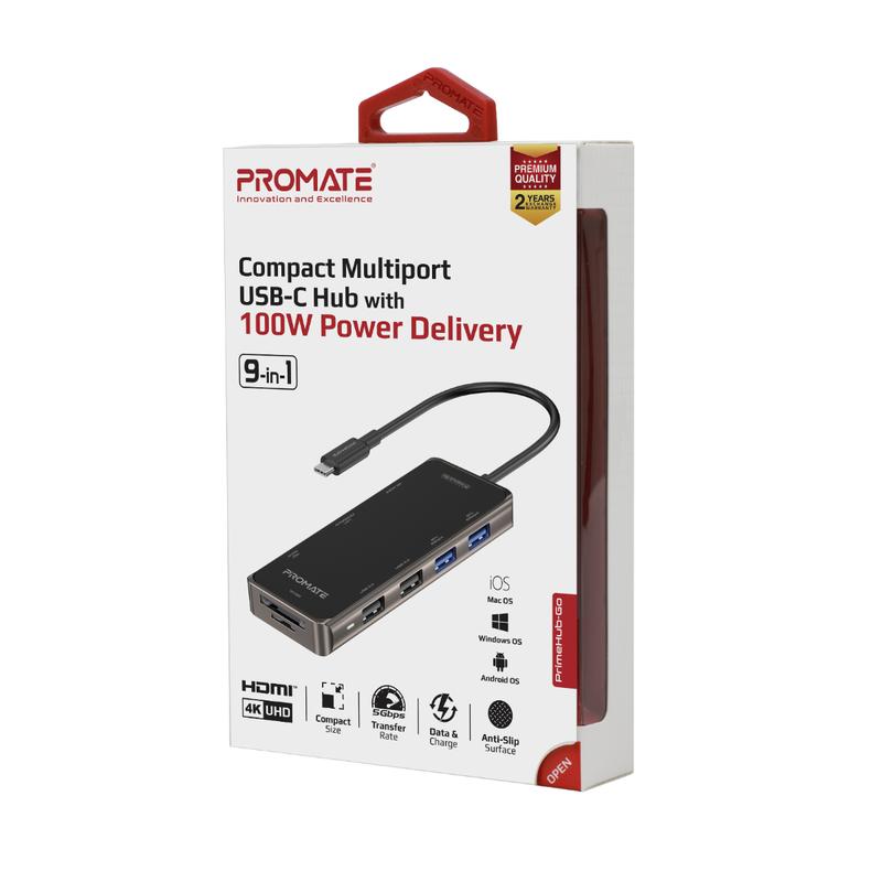 Promate PrimeHub-Go 9-in-1 USB-C Hub | 100W PD | 4K HDMI | Gigabit Ethernet | SD/TF | 4× USB