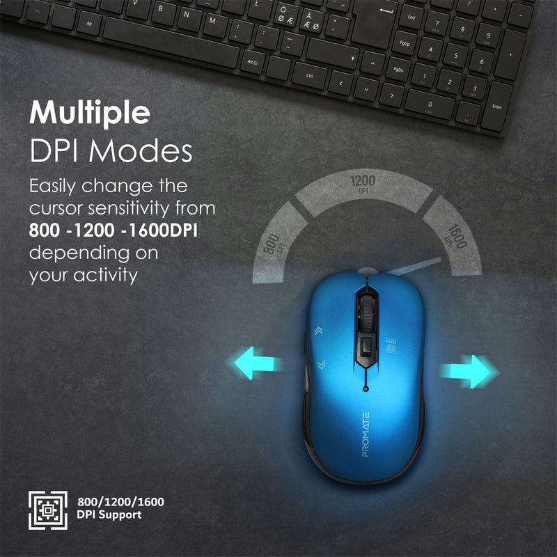 Promate Slider Ergonomic Wireless Mouse | 800/1200/1600 DPI | 2.4GHz Connectivity | 7 | 10m Range | 1 x AA Battery
