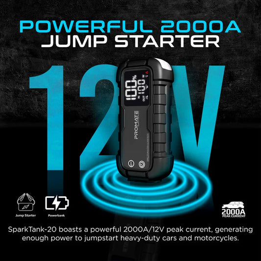Promate SparkTank-20 | 2000A/12V Heavy Duty Car Jump Starter with 20000mAh Power Bank & 65W Power Delivery