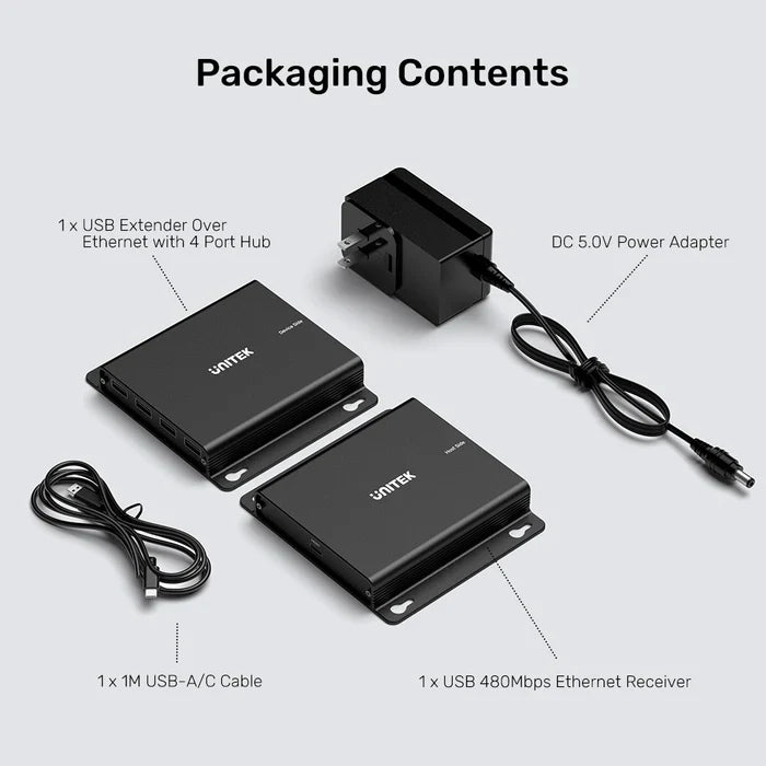 UNITEK 150 m USB Extender Over Ethernet with 4-Port USB Hub | Long-Range USB Signal Booster | Cat5e/6 Support | Plug-and-Play Expansion for USB Devices