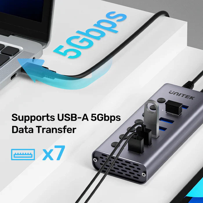 UNITEK 7-in-1 Individual Switches USB Hub | Multi-Port USB Expansion with On/Off Switches for Each Port | USB-A & USB-C Connectivity