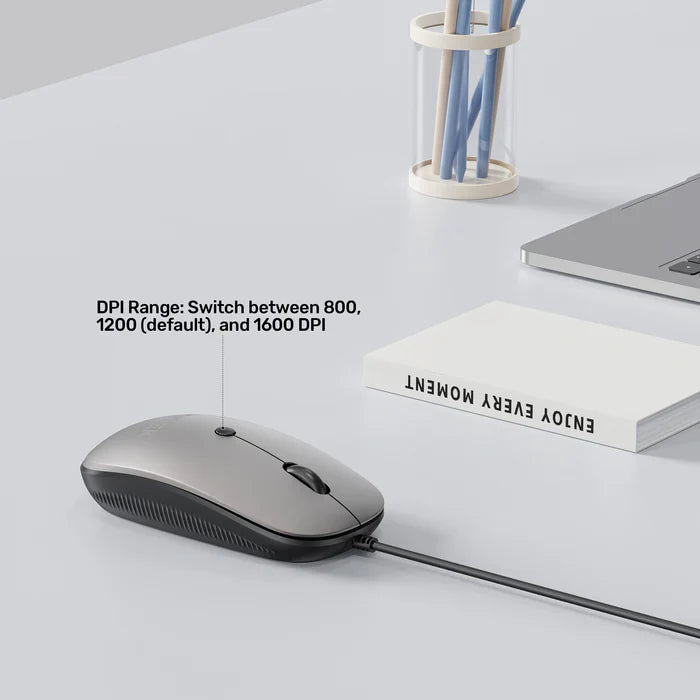 UNITEK SlimTrack Wired Optical Mouse | 1600 DPI | Silent Click | USB-A Plug & Play | Ergonomic Ambidextrous Design | Space Gray